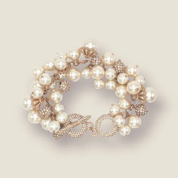 NEW Badgley Mischka Pearl & Pave Rhinestone Bead Gold Dangle Wedding Bracelet - Picture 6 of 8
